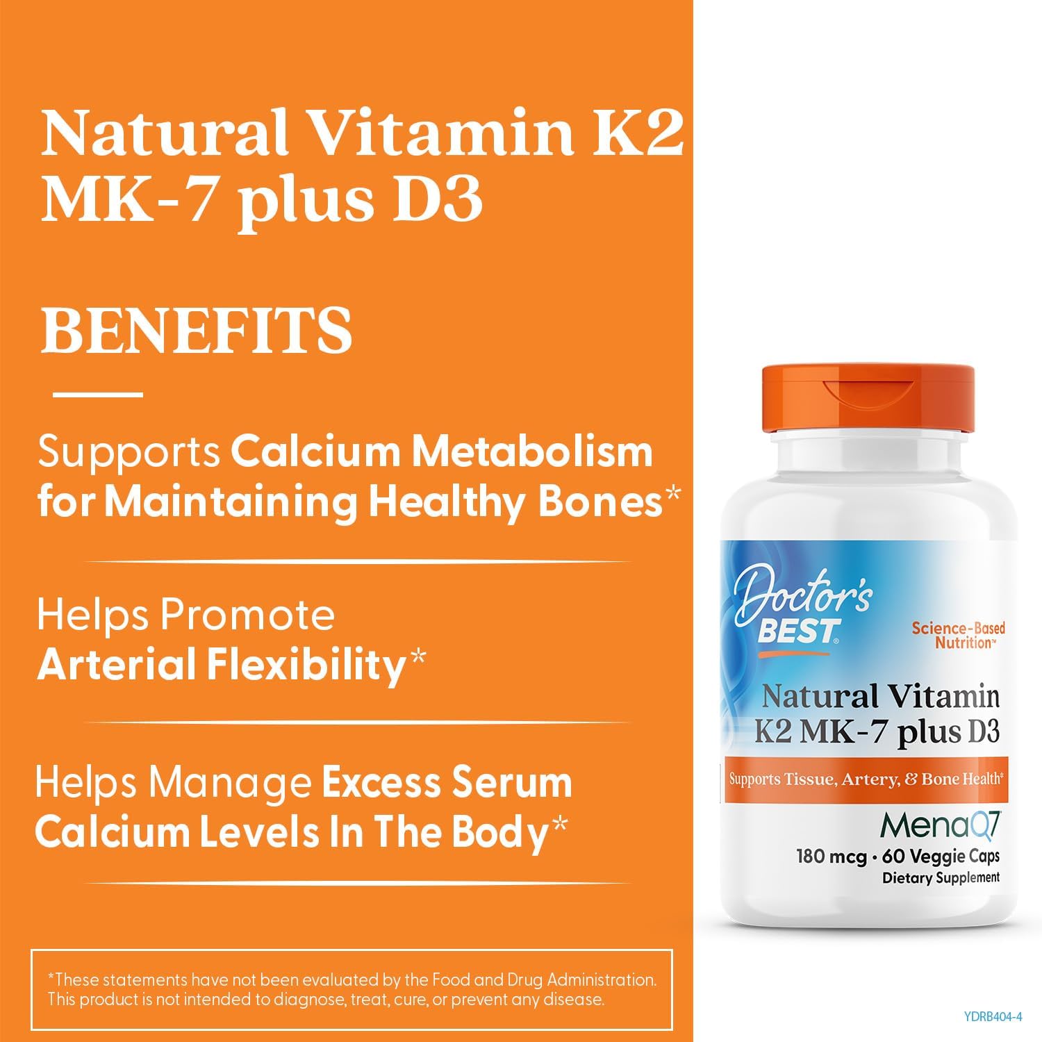 Natural Vitamin K2 MK-7 Plus D3 for Tissue, Artery, & Bone Health - Non-GMO, Gluten Free, Vegetarian Caps - 60 Count
