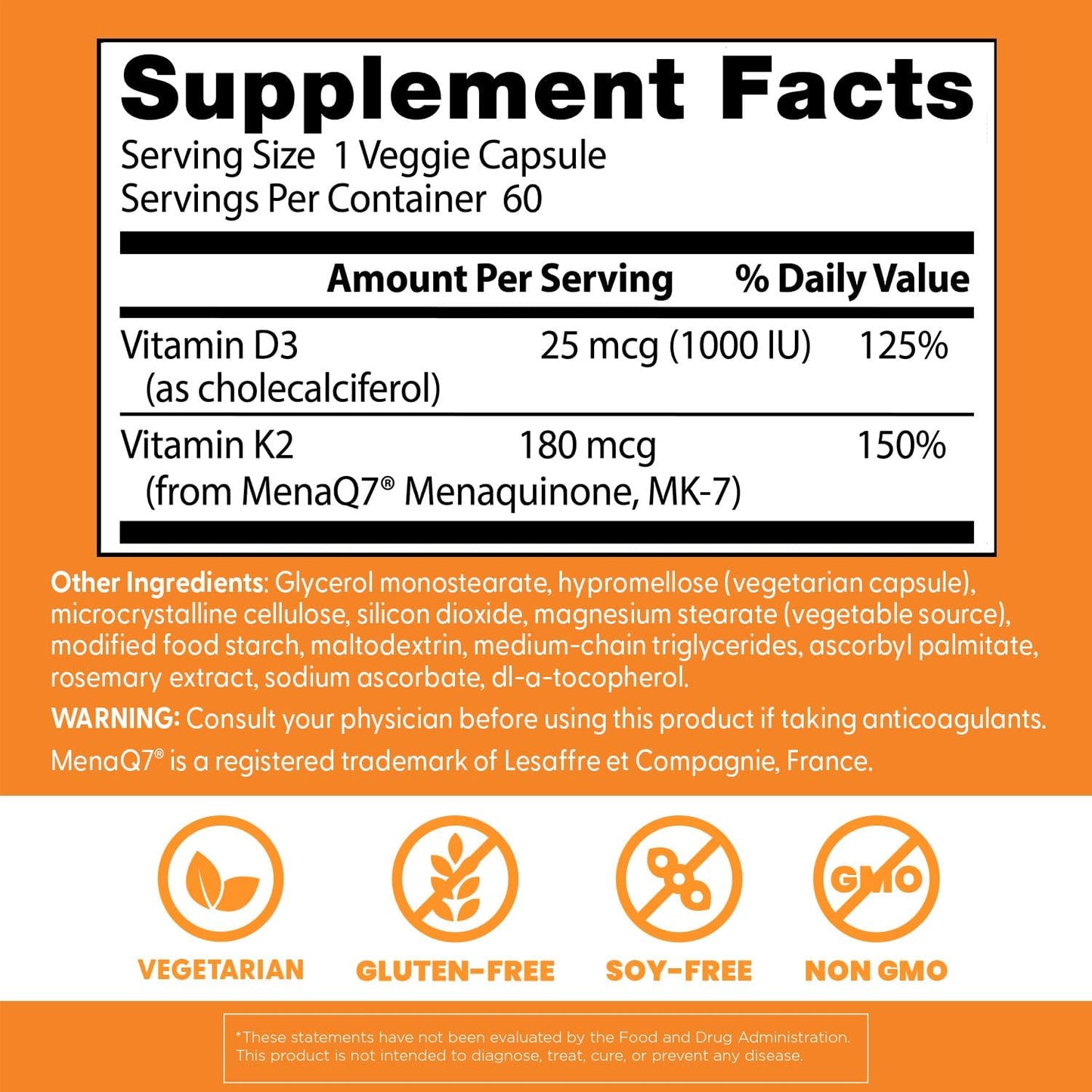 Natural Vitamin K2 MK-7 Plus D3 for Tissue, Artery, & Bone Health - Non-GMO, Gluten Free, Vegetarian Caps - 60 Count