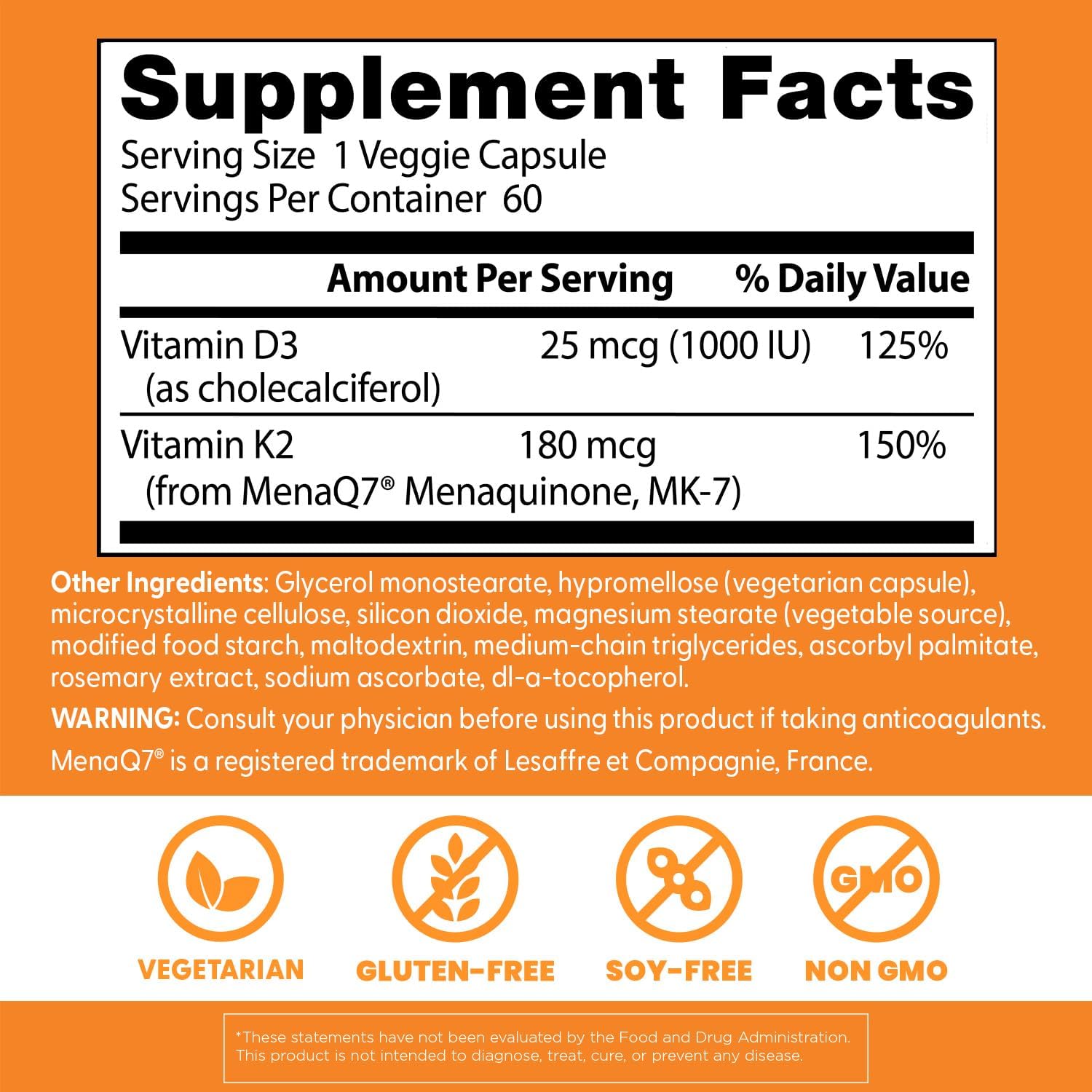 Natural Vitamin K2 MK-7 Plus D3 for Tissue, Artery, & Bone Health - Non-GMO, Gluten Free, Vegetarian Caps - 60 Count