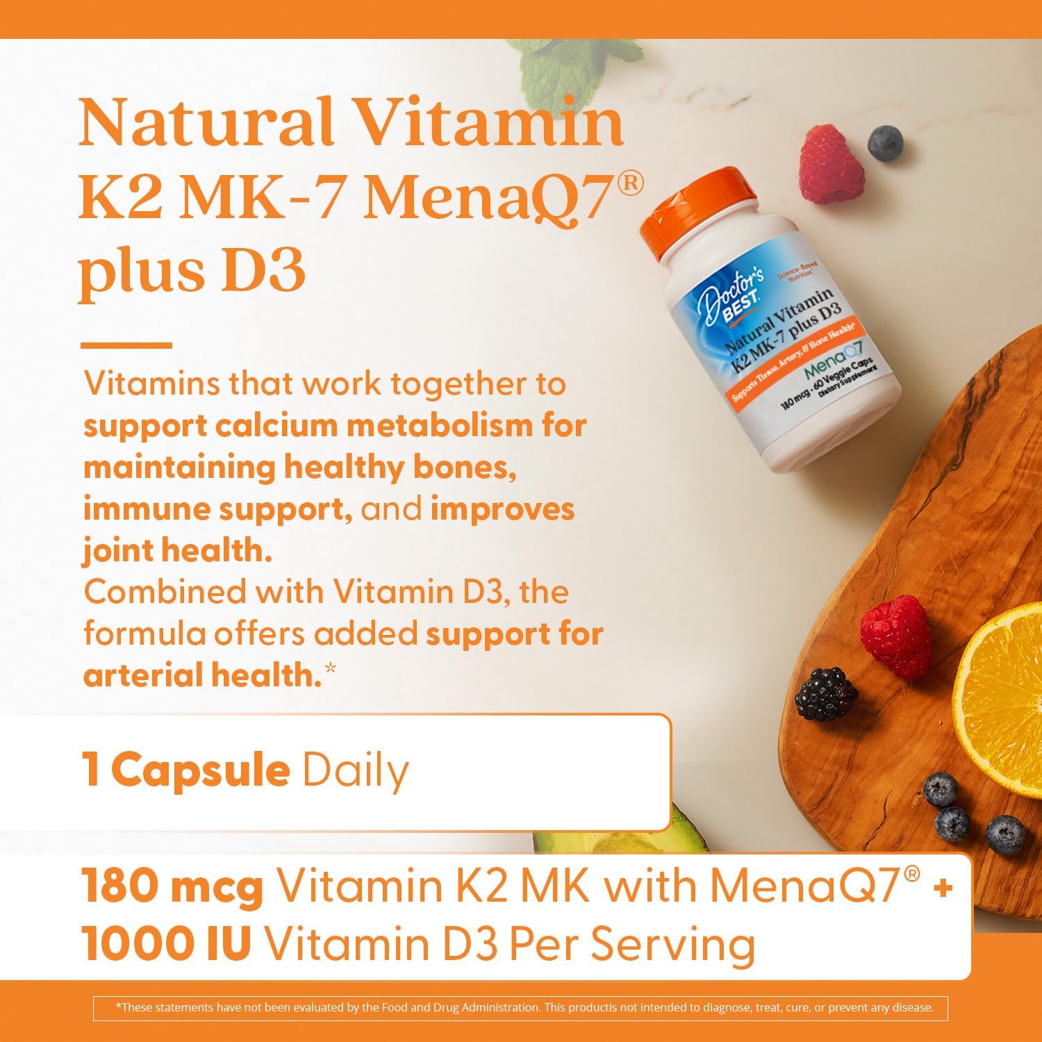 Natural Vitamin K2 MK-7 Plus D3 for Tissue, Artery, & Bone Health - Non-GMO, Gluten Free, Vegetarian Caps - 60 Count