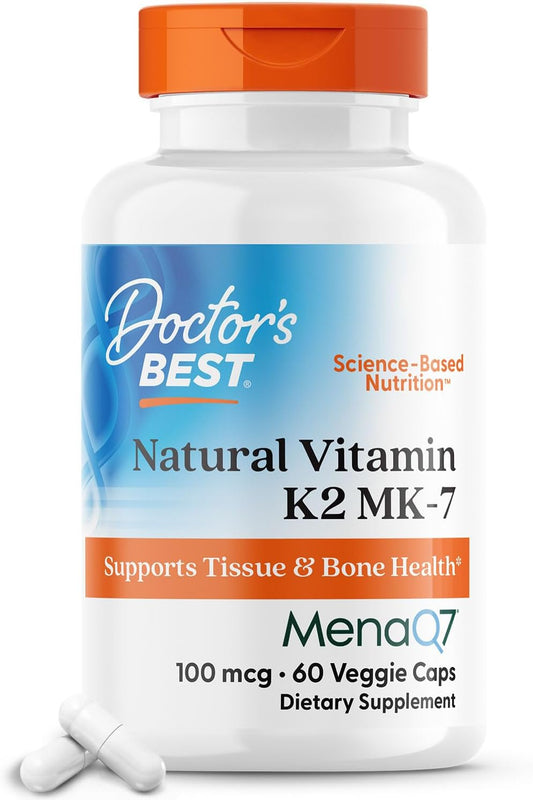 Natural Vitamin K2 Mk-7 with MenaQ7, 100mcg Supplement for Bone Health - 60 Veggie Capsules