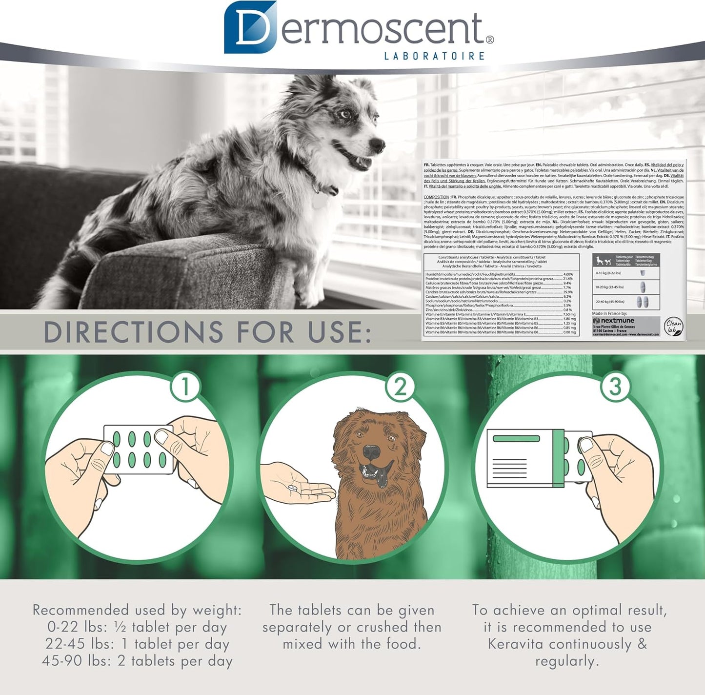 Natural Vitamin Supplement for Pet Skin & Coat Health - Dermoscent Keravita® Tablets for Dogs & Cats - Promotes Healthy Hair & Claws - 30 Count