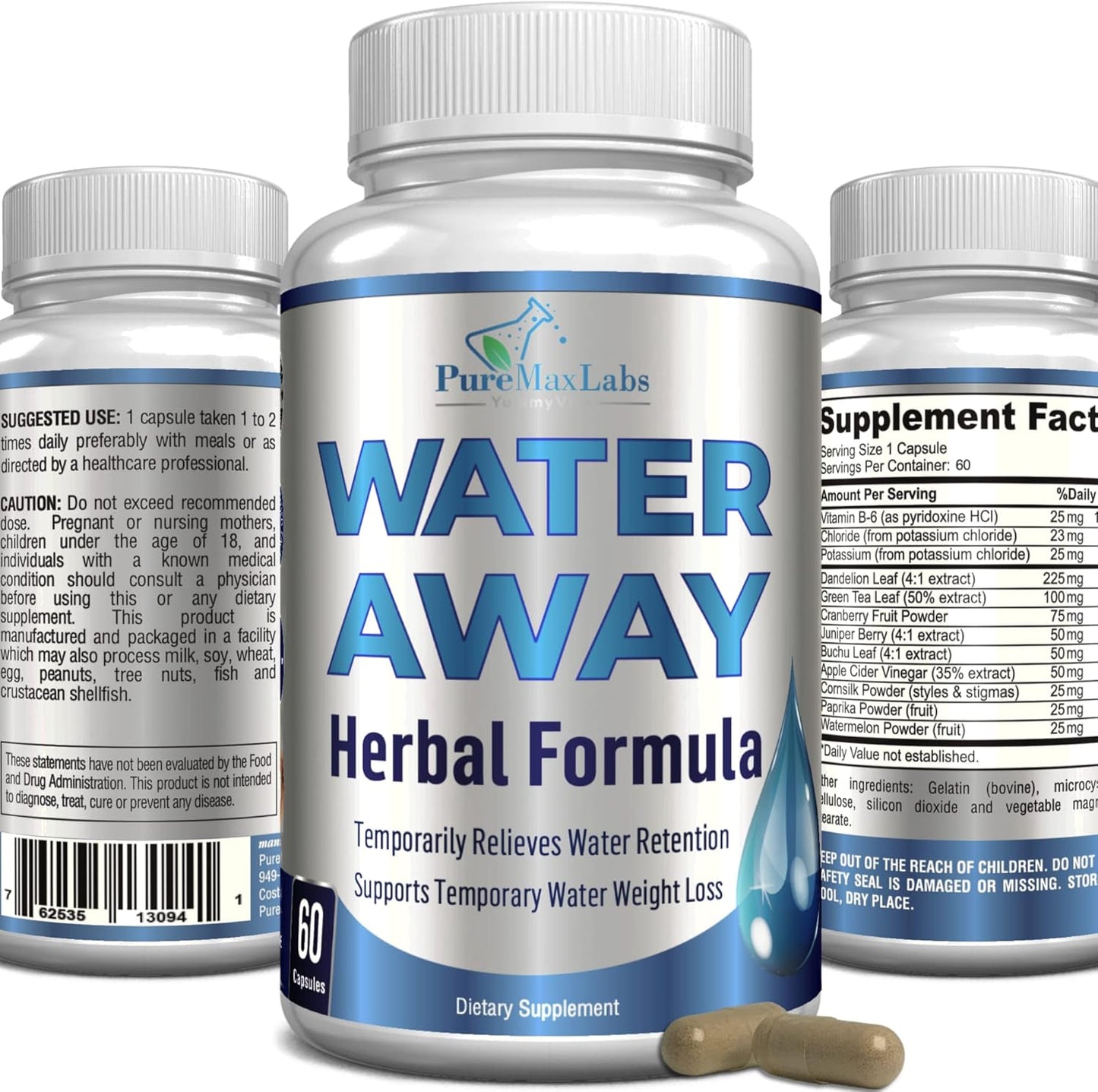 Natural Water Away Diuretic Pills with Dandelion Leaf & Green Tea - Reduce Bloating & Water Weight - Detox Cleanse for Urinary Health - Non-GMO, 60 Capsules