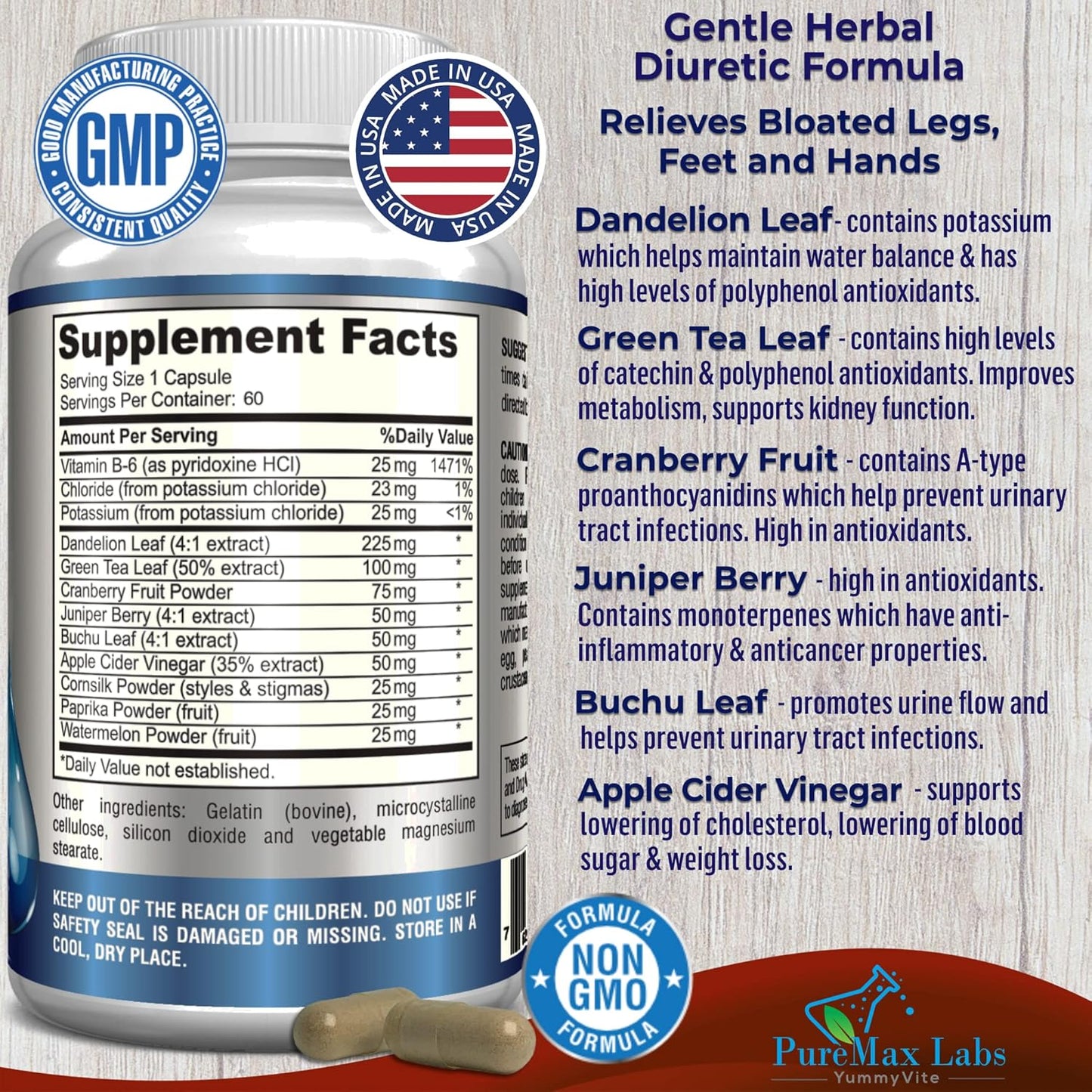 Natural Water Away Diuretic Pills with Dandelion Leaf & Green Tea - Reduce Bloating & Water Weight - Detox Cleanse for Urinary Health - Non-GMO, 60 Capsules