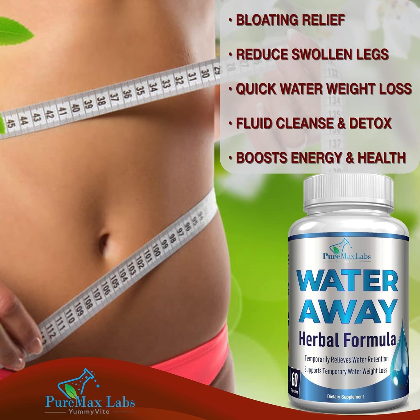 Natural Water Away Diuretic Pills with Dandelion Leaf & Green Tea - Reduce Bloating & Water Weight - Detox Cleanse for Urinary Health - Non-GMO, 60 Capsules