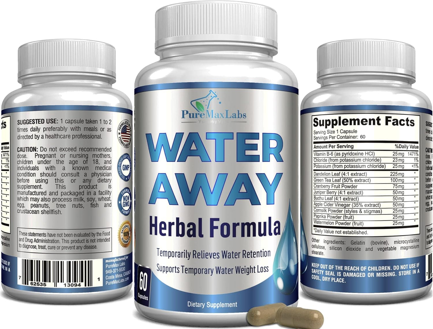 Natural Water Away Diuretic Pills with Dandelion Leaf & Green Tea - Reduce Bloating & Water Weight - Detox Cleanse for Urinary Health - Non-GMO, 60 Capsules