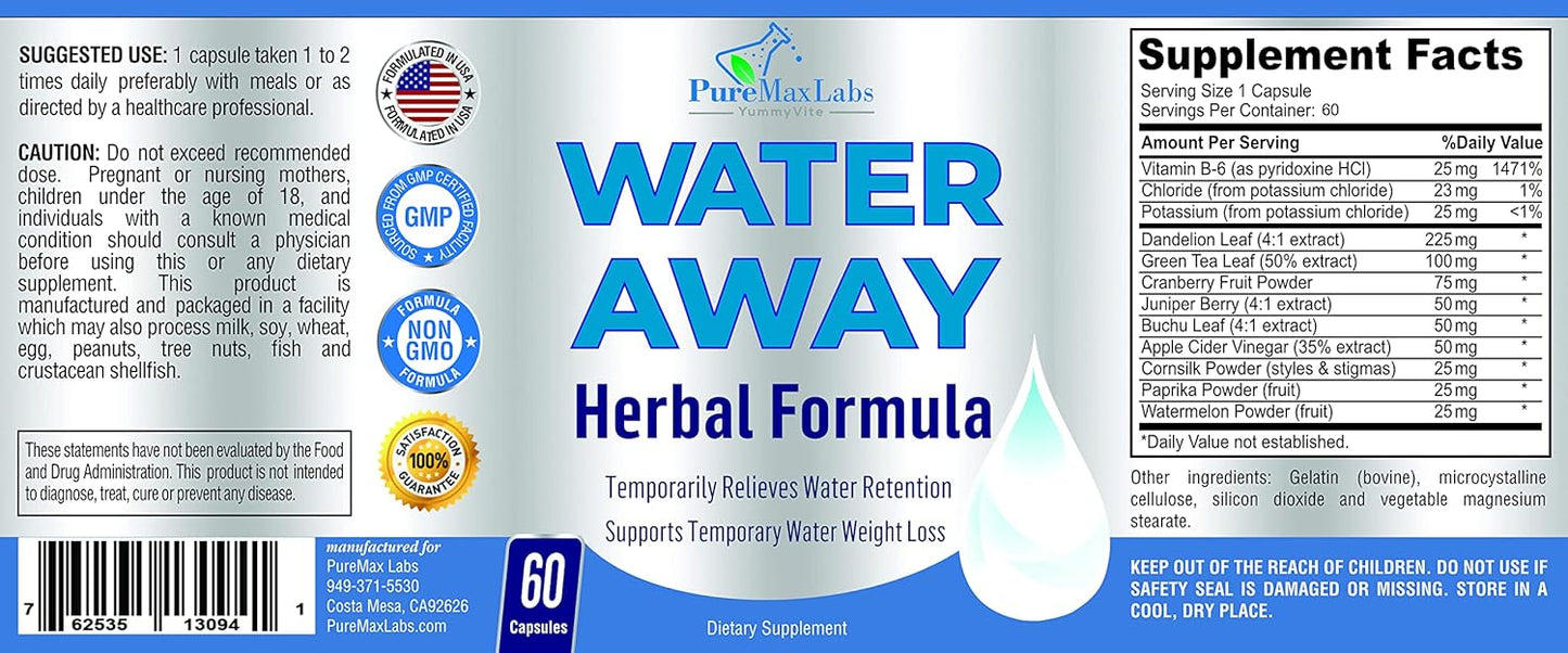 Natural Water Away Diuretic Pills with Dandelion Leaf & Green Tea - Reduce Bloating & Water Weight - Detox Cleanse for Urinary Health - Non-GMO, 60 Capsules