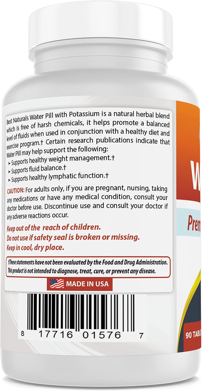 Natural Water Pill with Potassium 90 Tablets - Supports Water Retention Elimination - Diuretic Formula