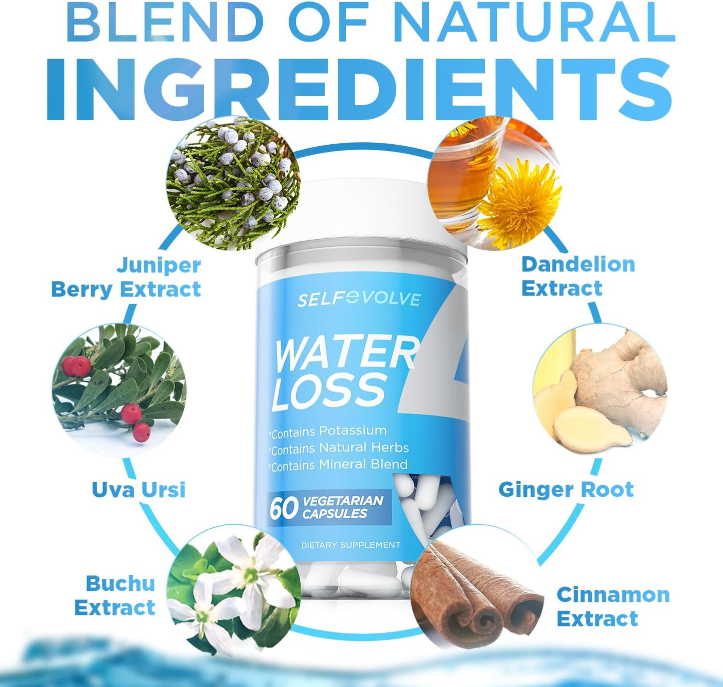Natural Water Pills with Dandelion Extract for Reducing Water Retention & Bloating Relief - 60 Veggie Capsules