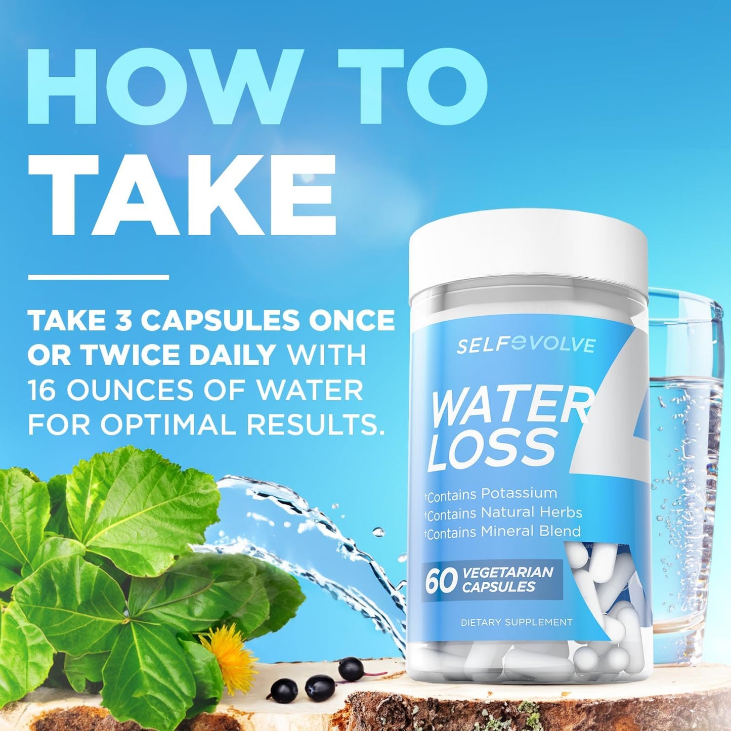 Natural Water Pills with Dandelion Extract for Reducing Water Retention & Bloating Relief - 60 Veggie Capsules