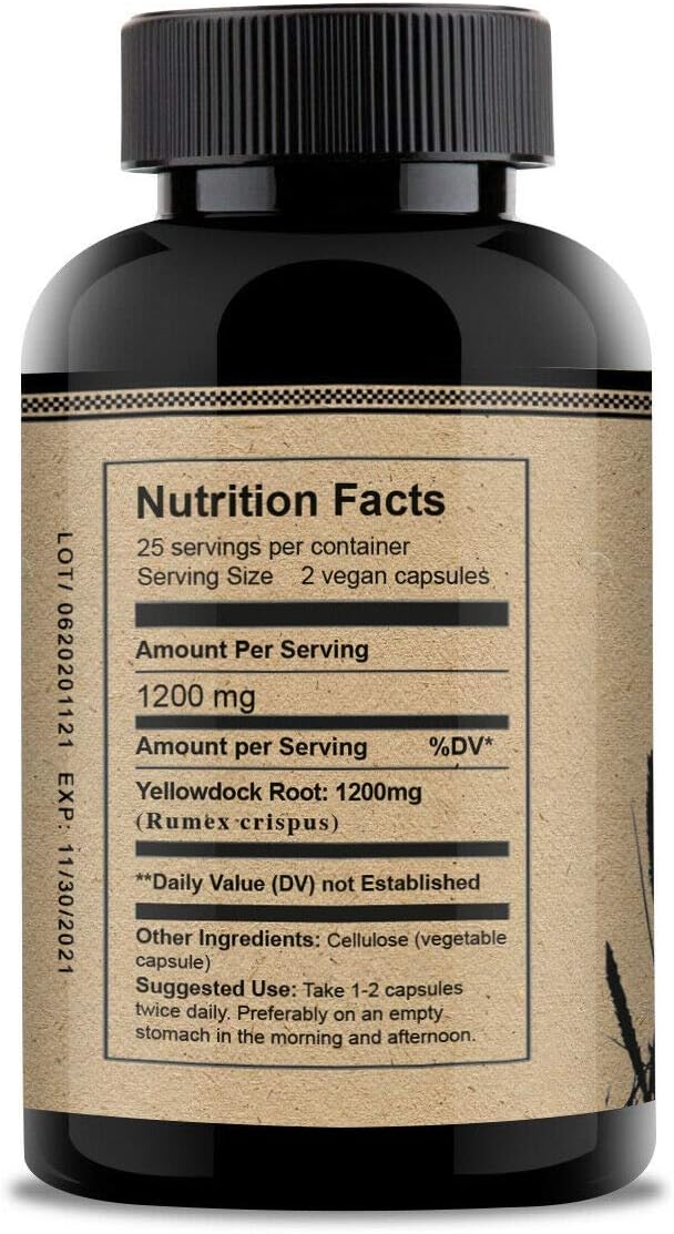 Natural Yellow Dock Root Capsules for Digestive Issues | Rumex Crispus Supplement 1200mg | Herbal Health Tonic 50 Pack