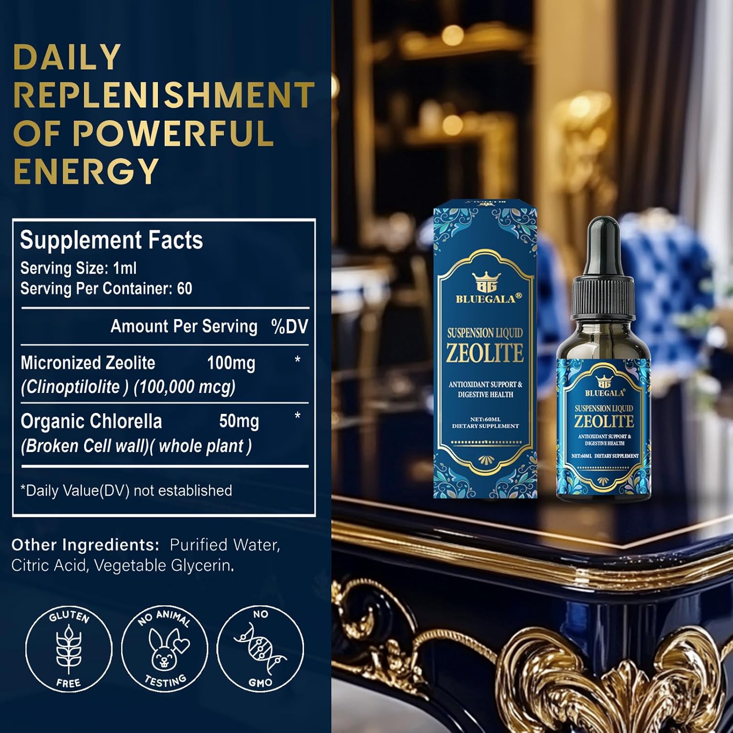 Natural Zeolite and Chlorella Detox Drops for Kids and Adults, Promotes Digestion and Immunity, 60 ml