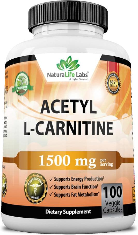 NaturaLife Labs High Potency Acetyl L-Carnitine 1,500mg Veggie Capsules - Energy, Sports Nutrition, Memory & Focus Support
