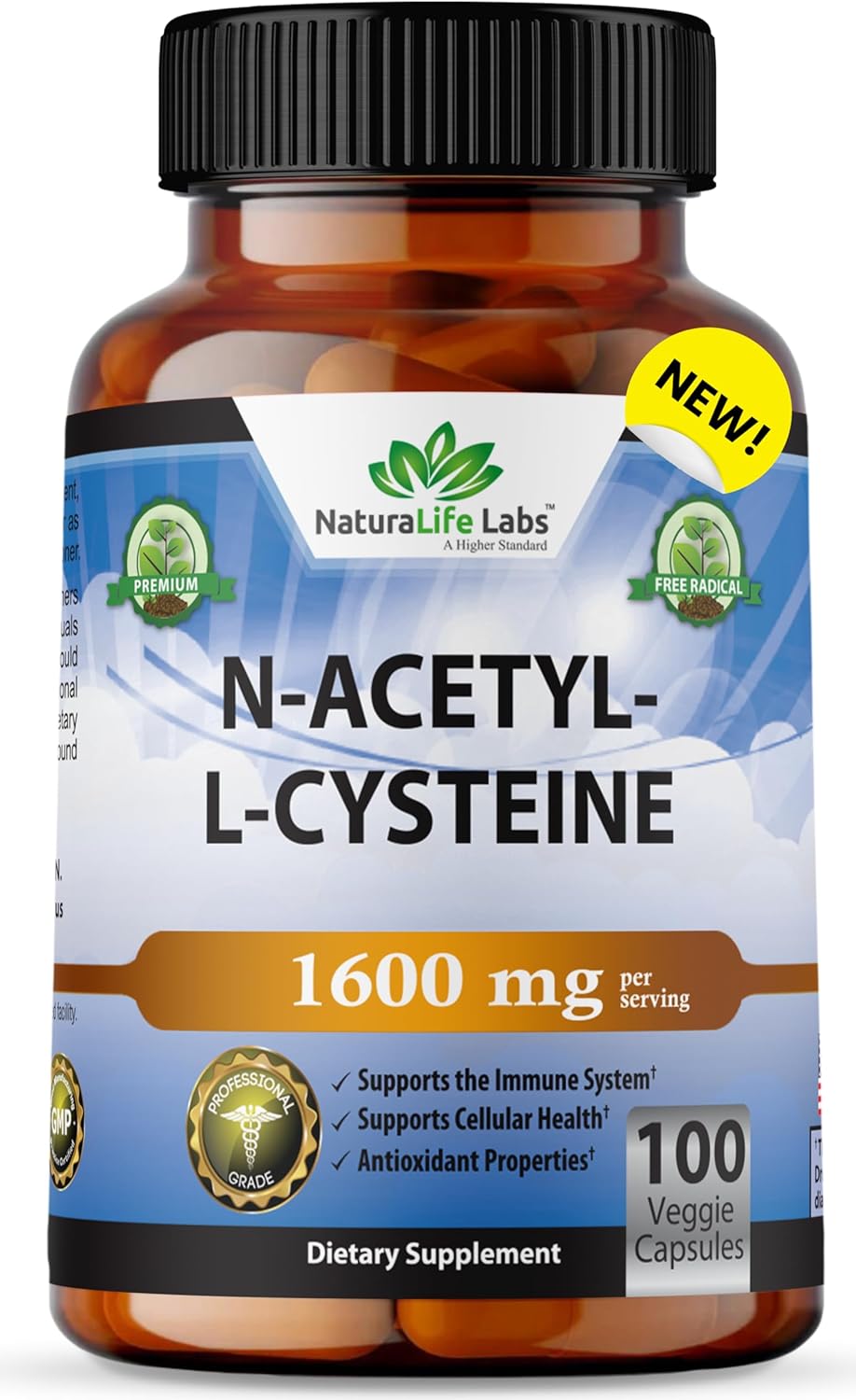 NaturaLife Labs N-Acetyl-L-Cysteine (NAC) 1600mg Capsules for Immune Support & Antioxidants - 100 Count