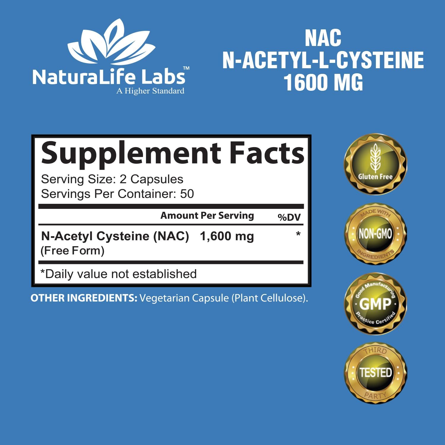 NaturaLife Labs N-Acetyl-L-Cysteine (NAC) 1600mg Capsules for Immune Support & Antioxidants - 100 Count