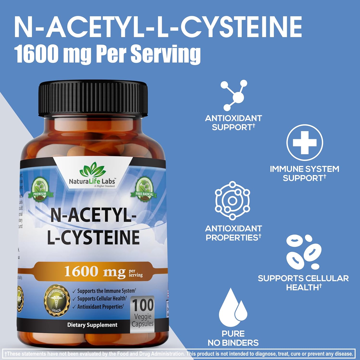 NaturaLife Labs N-Acetyl-L-Cysteine (NAC) 1600mg Capsules for Immune Support & Antioxidants - 100 Count