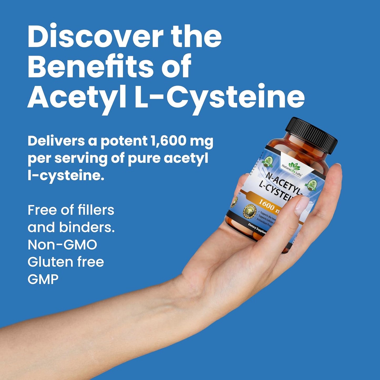 NaturaLife Labs N-Acetyl-L-Cysteine (NAC) 1600mg Capsules for Immune Support & Antioxidants - 100 Count