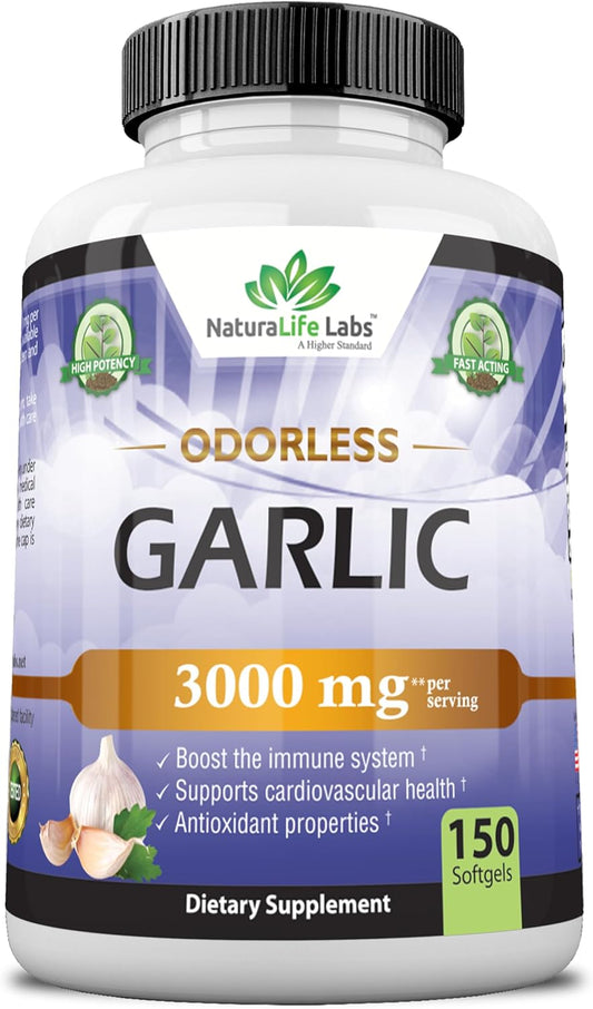 NaturaLife Labs Odorless Garlic Soft gels - 3000 mg per Serving for Immune System Support - 150 Count