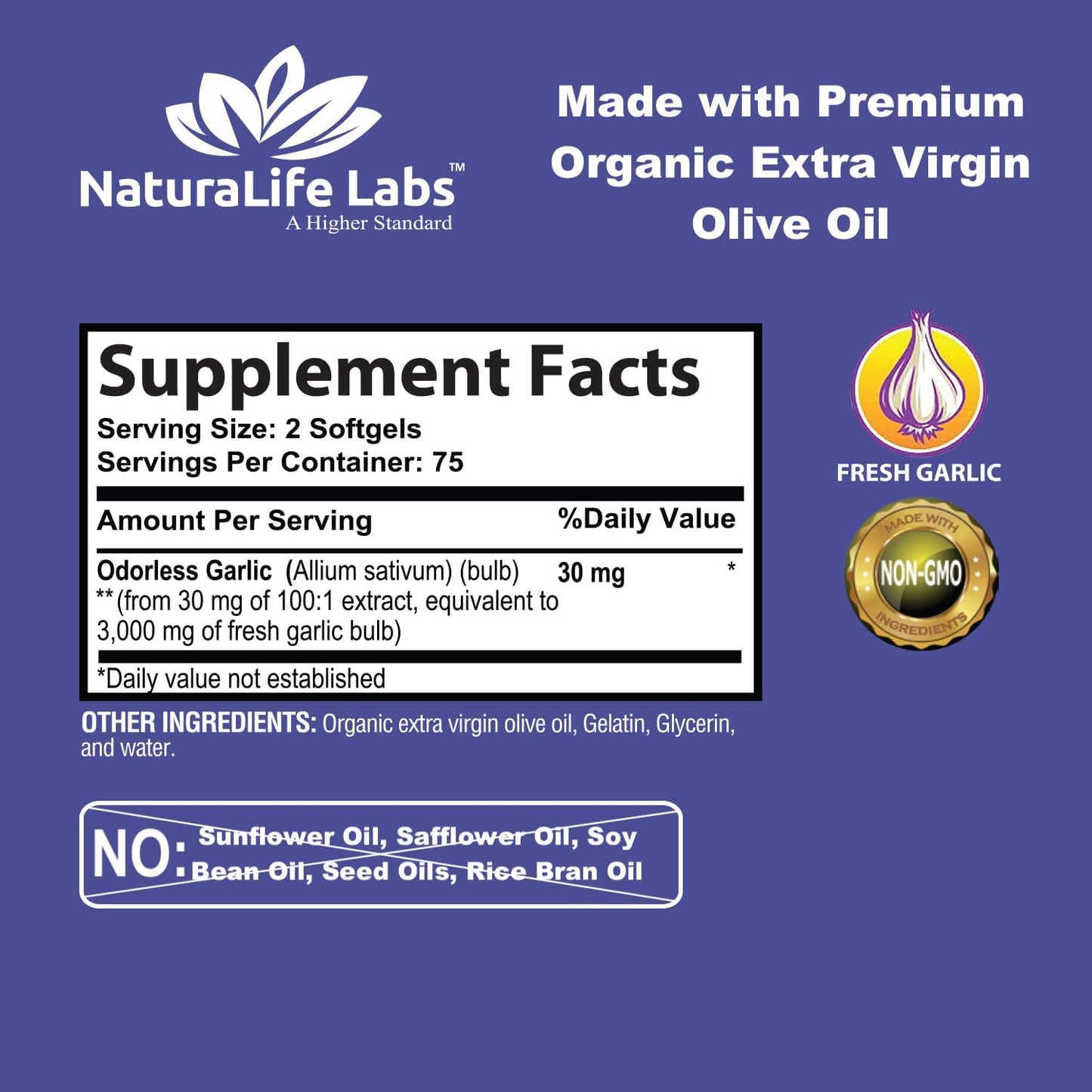 NaturaLife Labs Odorless Garlic Soft gels - 3000 mg per Serving for Immune System Support - 150 Count