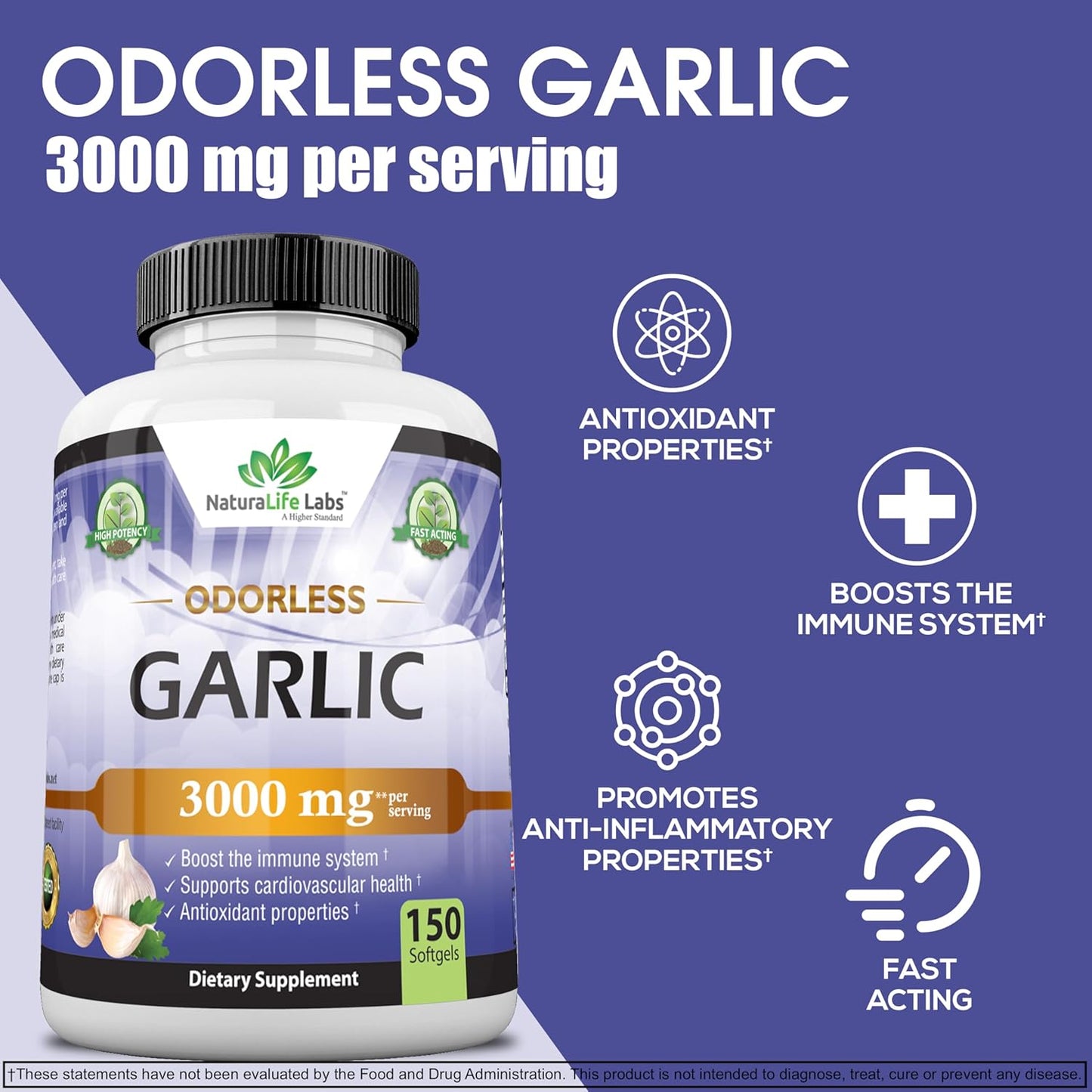 NaturaLife Labs Odorless Garlic Soft gels - 3000 mg per Serving for Immune System Support - 150 Count