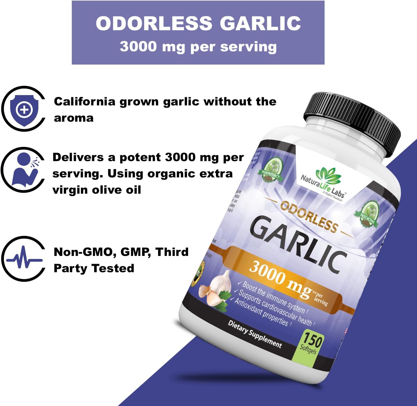 NaturaLife Labs Odorless Garlic Soft gels - 3000 mg per Serving for Immune System Support - 150 Count
