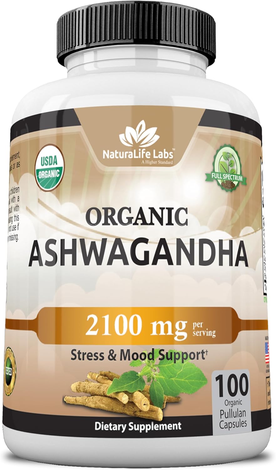 NaturaLife Labs Organic Ashwagandha 2,100 mg - 100 Veggie Capsules for Stress Relief and Mood Support