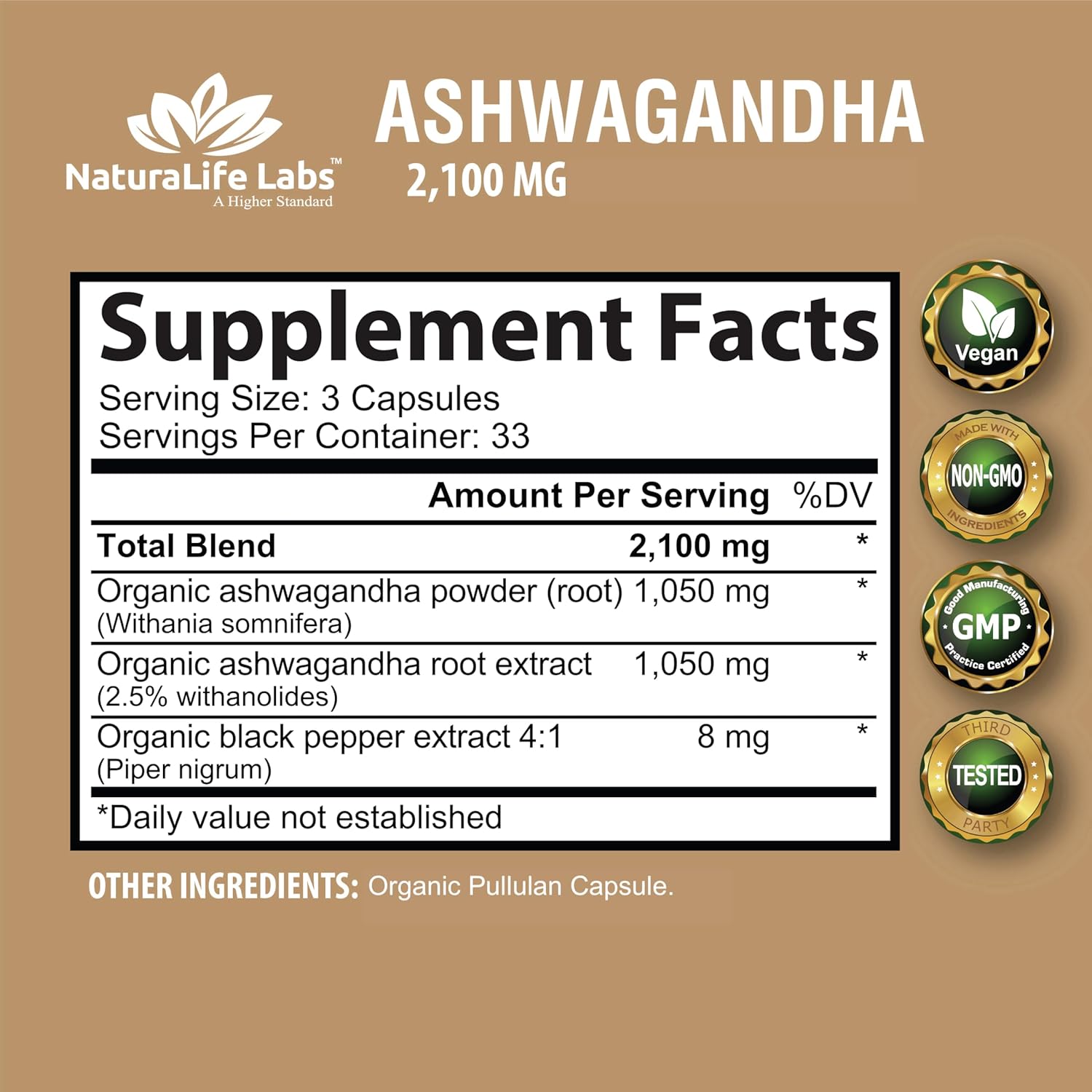 NaturaLife Labs Organic Ashwagandha 2,100 mg - 100 Veggie Capsules for Stress Relief and Mood Support