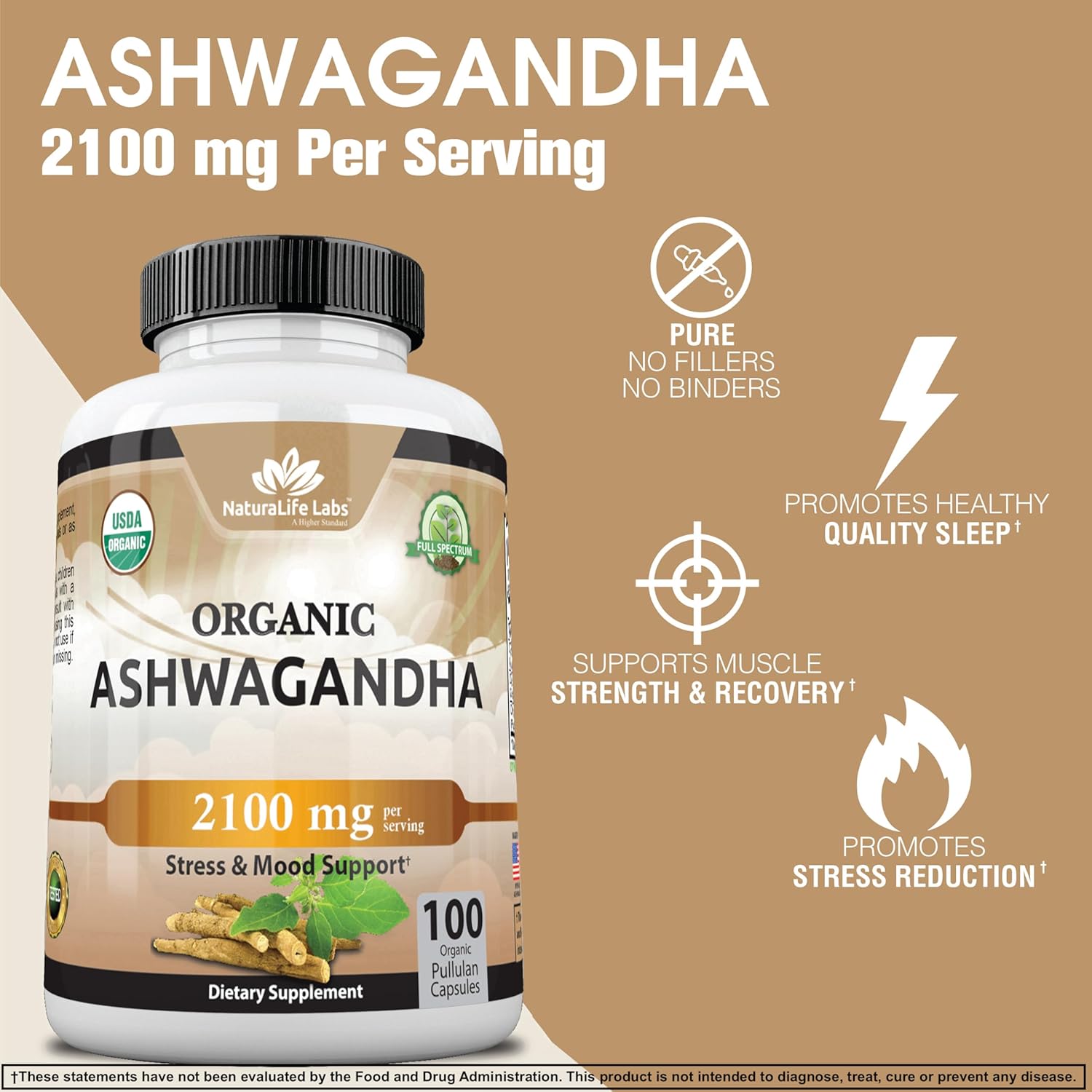 NaturaLife Labs Organic Ashwagandha 2,100 mg - 100 Veggie Capsules for Stress Relief and Mood Support