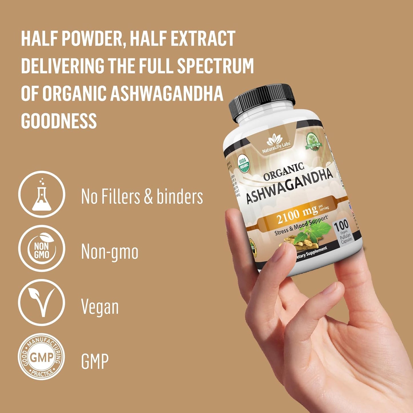 NaturaLife Labs Organic Ashwagandha 2,100 mg - 100 Veggie Capsules for Stress Relief and Mood Support