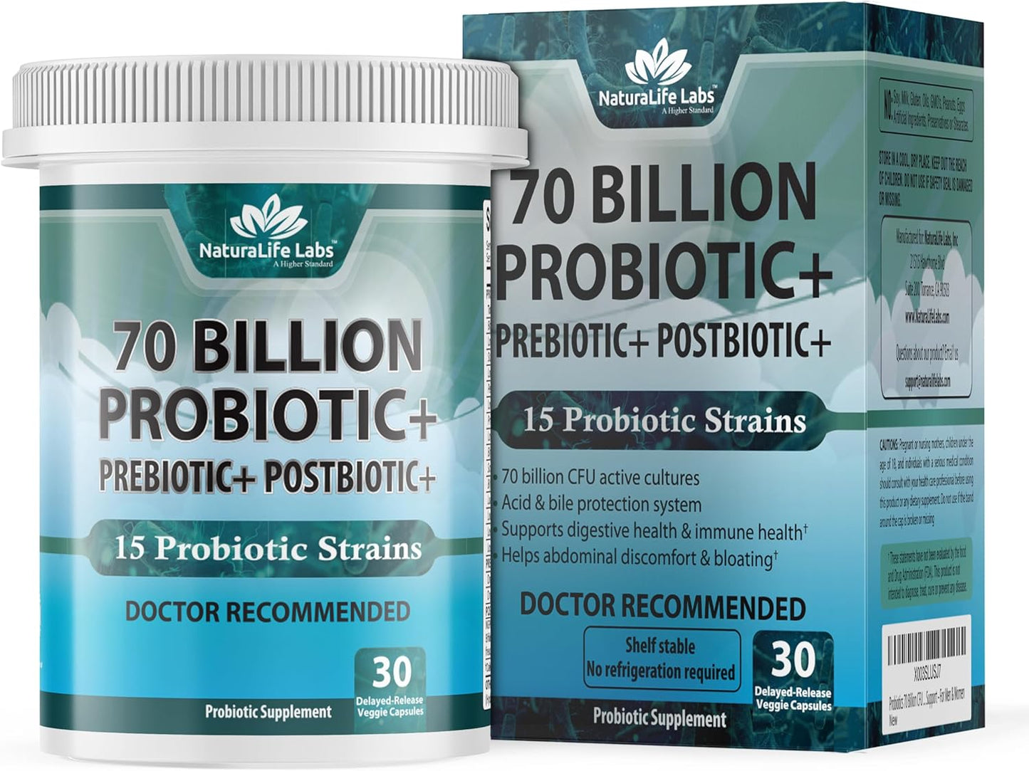 NaturaLife Labs Probiotics 70 Billion CFU with Prebiotic & Postbiotic for Digestive Health - Men & Women's Gut Support