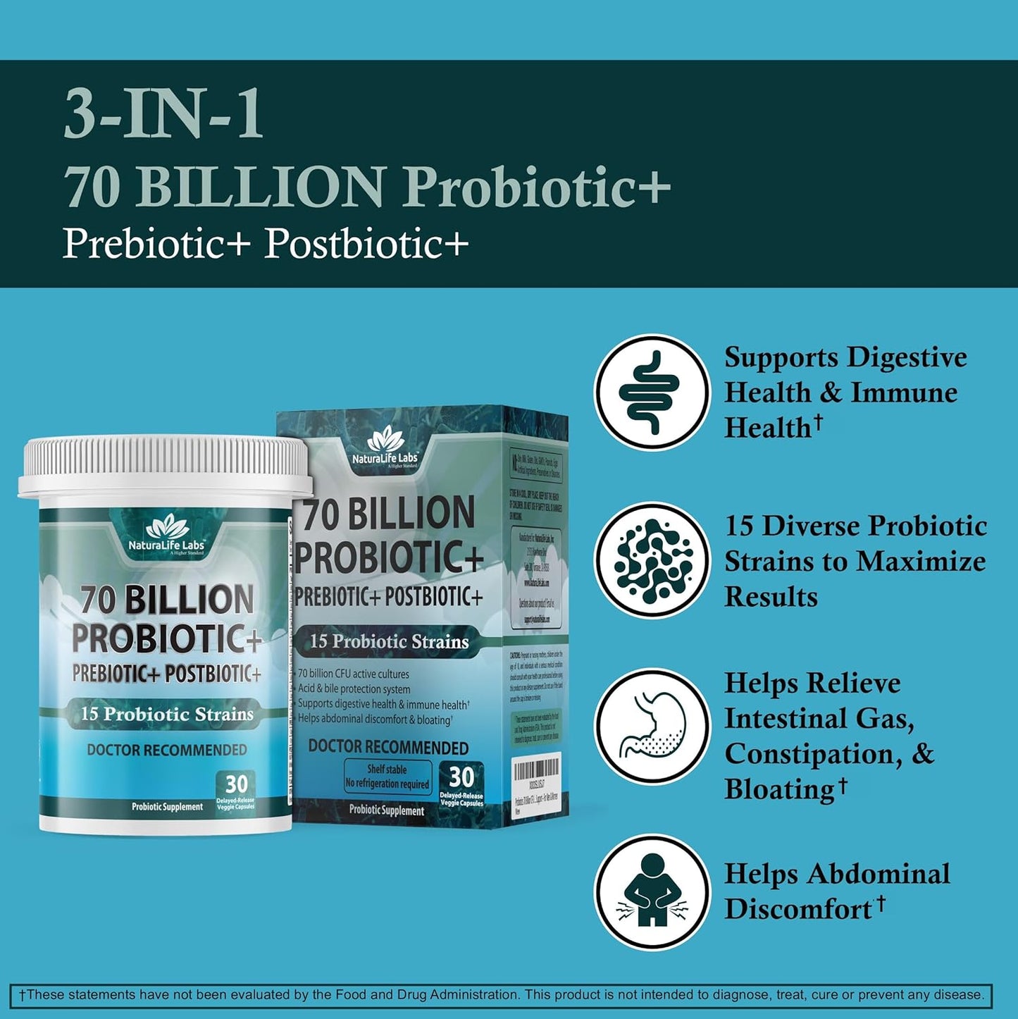 NaturaLife Labs Probiotics 70 Billion CFU with Prebiotic & Postbiotic for Digestive Health - Men & Women's Gut Support