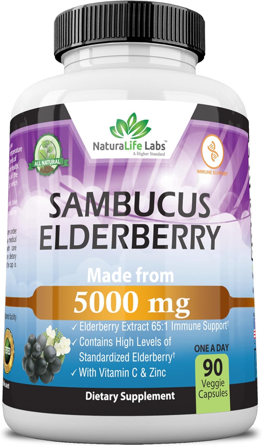 NaturaLife Labs Sambucus Elderberry Extract 5,000 mg with Vitamin C & Zinc - 90 Day Supply | Immune Support Supplement | Non-GMO Veggie Capsules