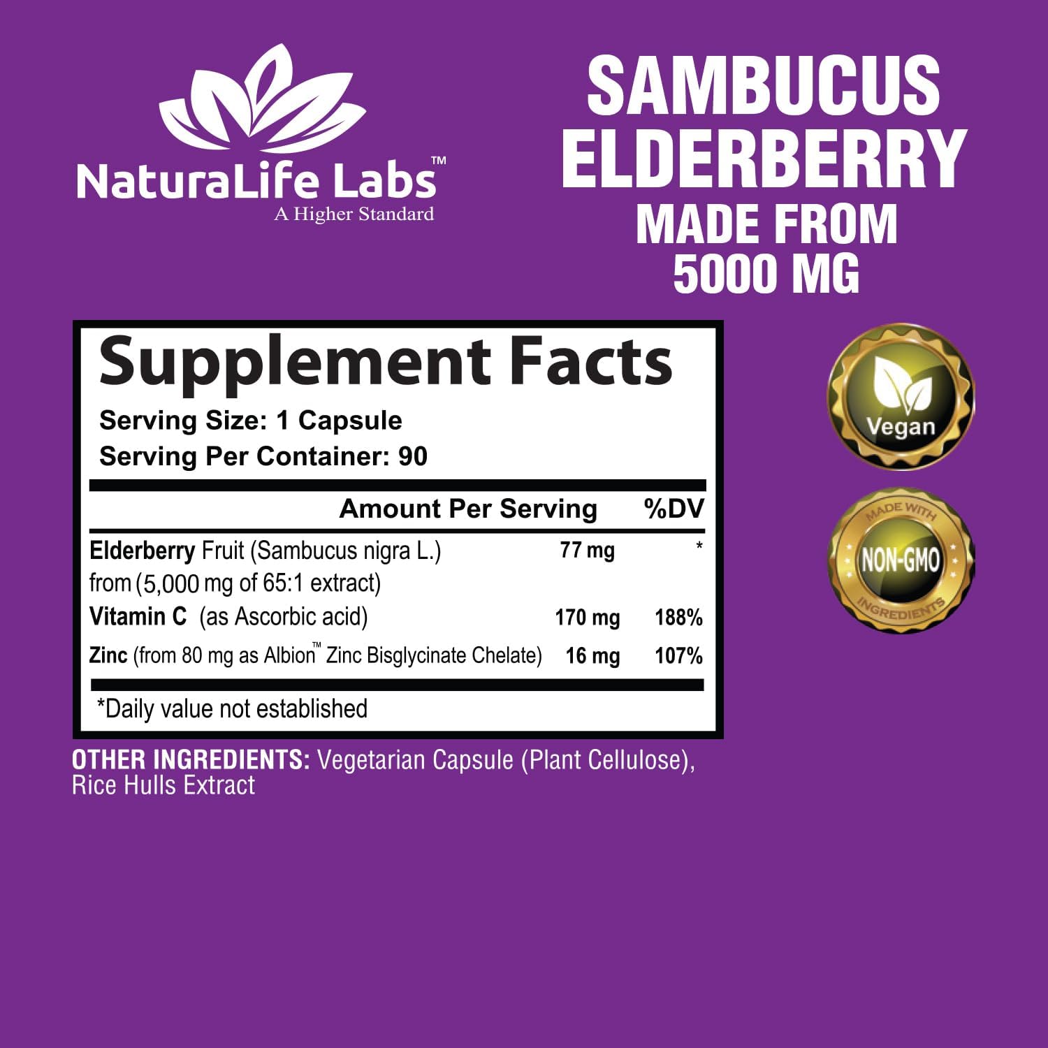 NaturaLife Labs Sambucus Elderberry Extract 5,000 mg with Vitamin C & Zinc - 90 Day Supply | Immune Support Supplement | Non-GMO Veggie Capsules