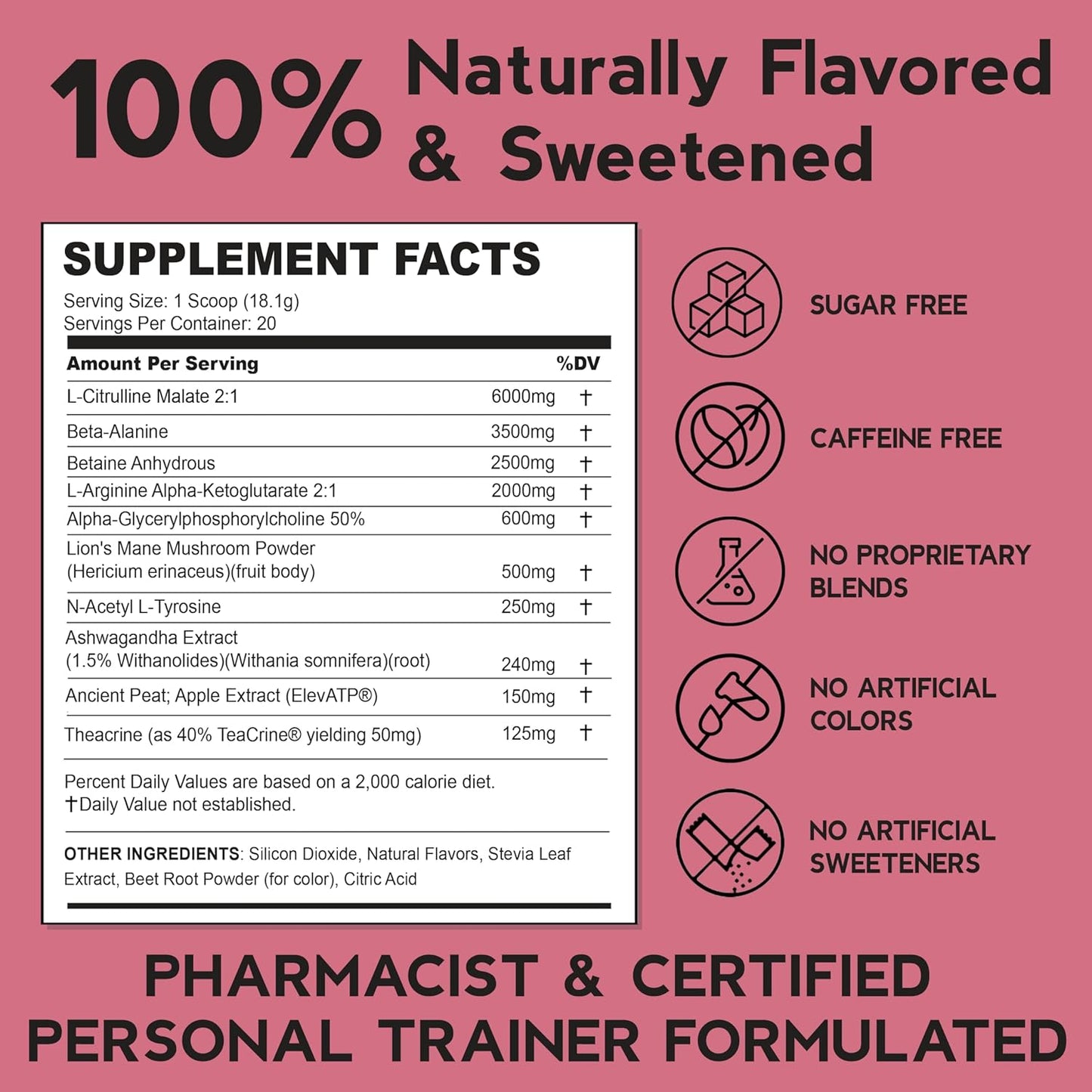 Naturally Flavored Caffeine-Free Pre Workout Supplement for Laser Focus, Energy, and Endurance (Pink Lemonade)