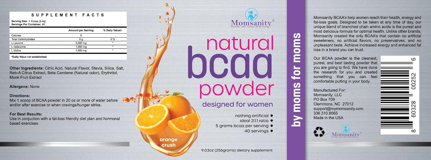 Naturally Sweetened Momsanity BCAA Powder Preworkout for Women - Orange Crush Flavor | Includes Recipe Guide PDF | 40 Servings