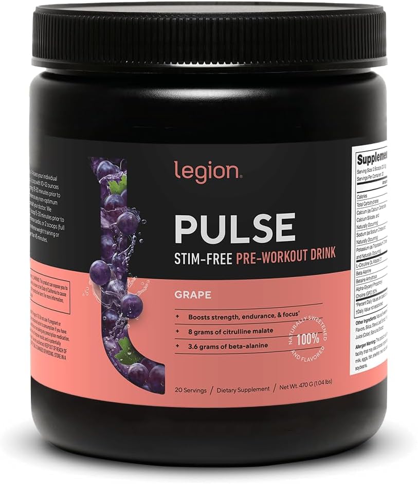 Naturally Sweetened Nitric Oxide Pre Workout Drink for Energy Boost - Caffeine Free Grape Flavor with Beta Alanine, Citrulline, Alpha GPC - Creatine Free Formula