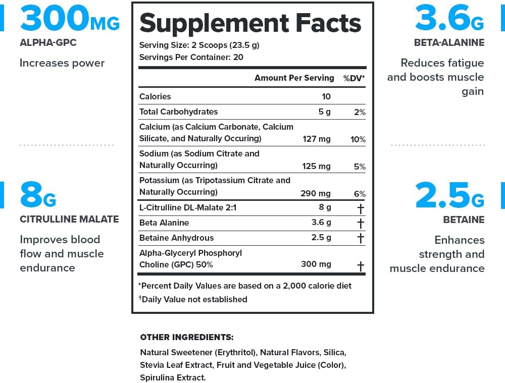 Naturally Sweetened Nitric Oxide Pre Workout Drink for Energy Boost - Caffeine Free Grape Flavor with Beta Alanine, Citrulline, Alpha GPC - Creatine Free Formula