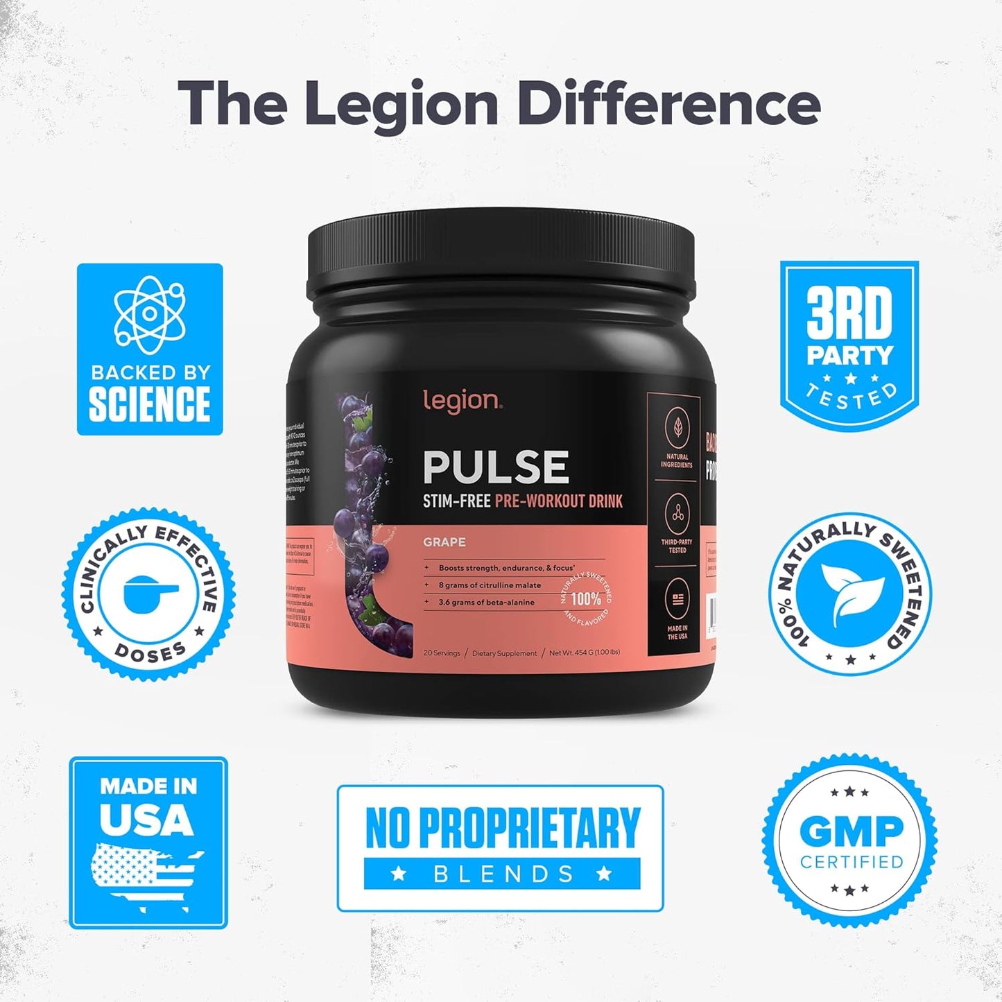 Naturally Sweetened Nitric Oxide Pre Workout Drink for Energy Boost - Caffeine Free Grape Flavor with Beta Alanine, Citrulline, Alpha GPC - Creatine Free Formula