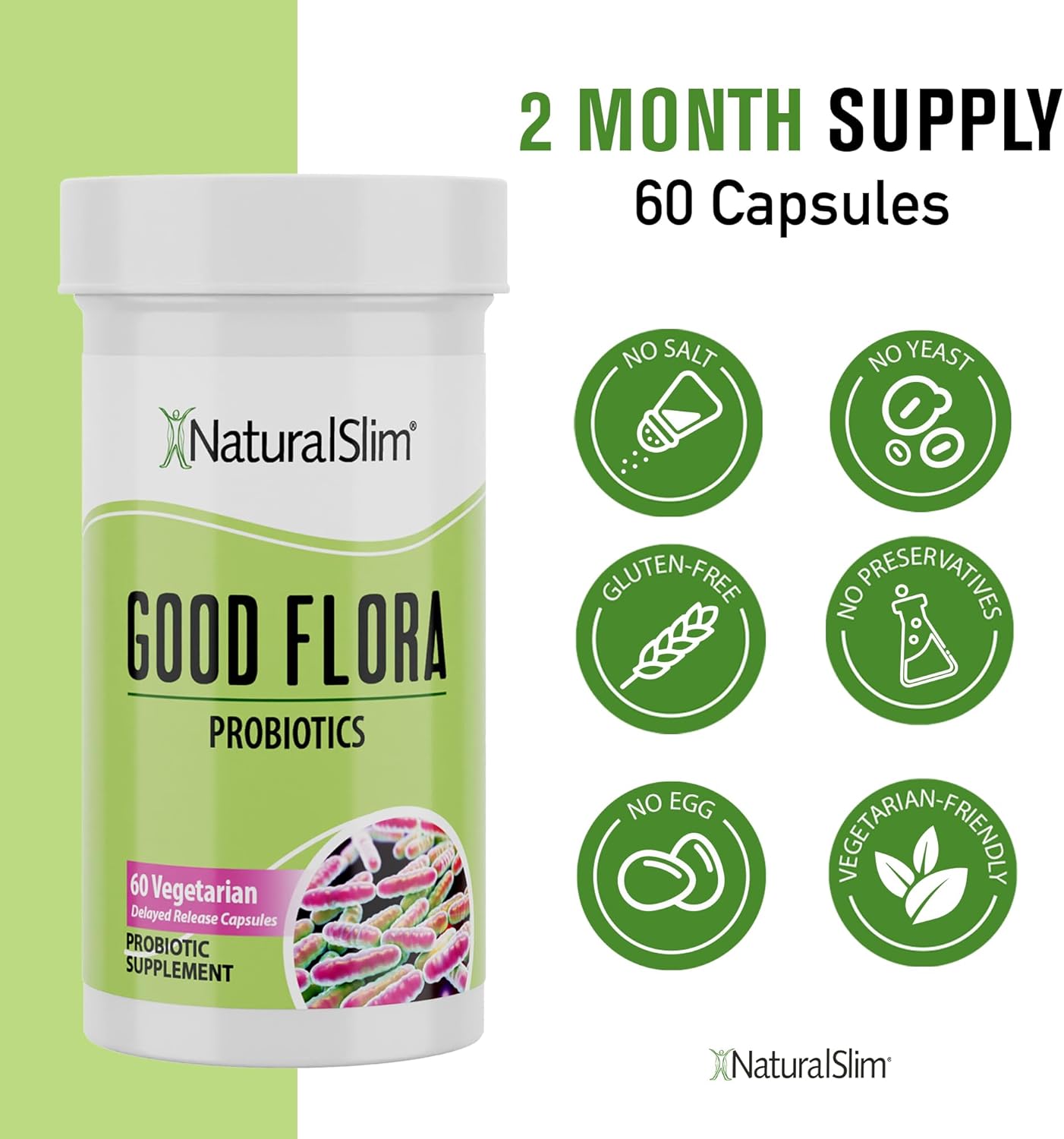 NaturalSlim Good Flora Probiotics with 7 Powerful Strains for Digestive Health, Intestinal Flora, and Immune Support - Gluten Free - 60 Capsules