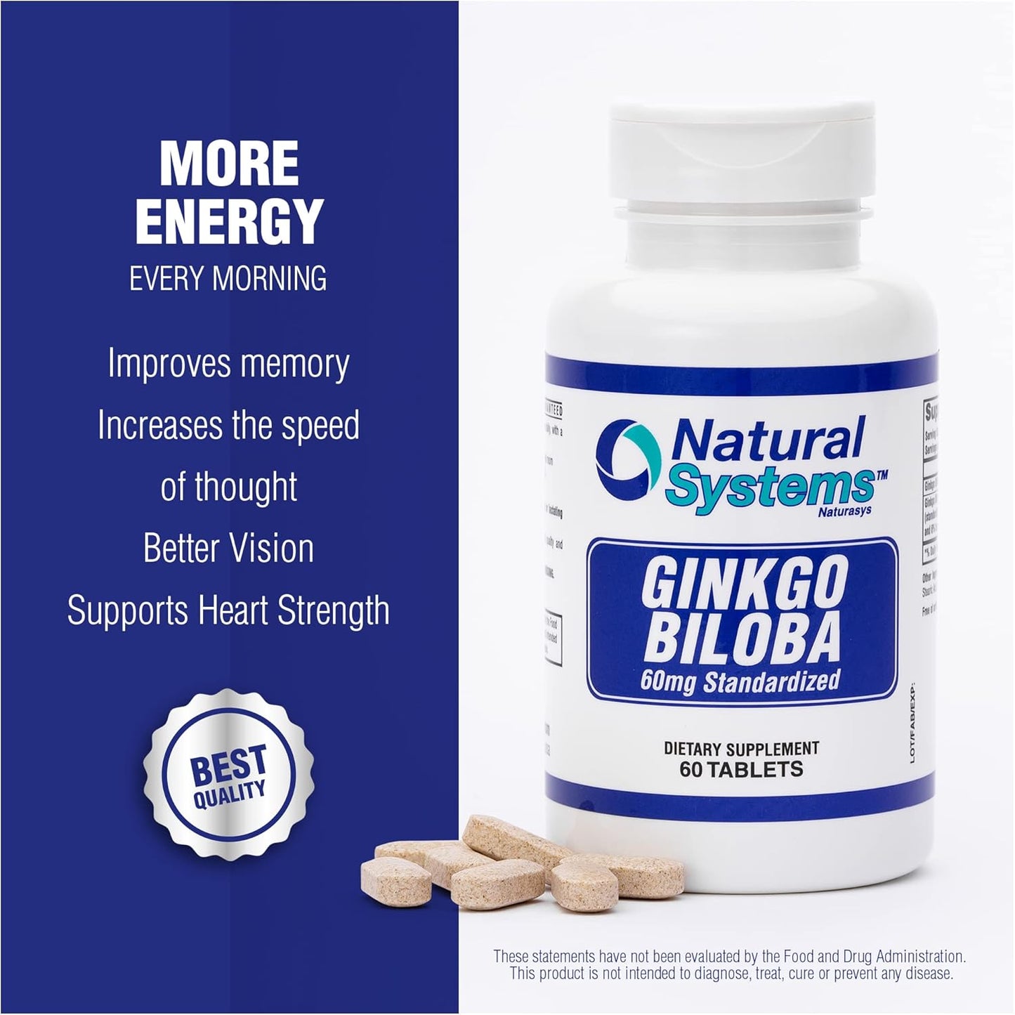 Naturasys Ginkgo Biloba 60mg Tablets - Brain Memory Supplement for Energy - Concentration Support - Men & Women Memory Vitamins