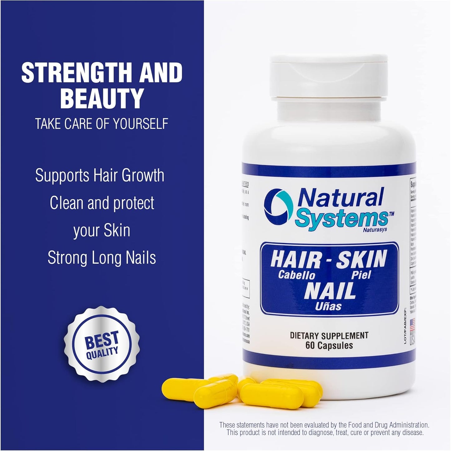 Naturasys Hair Skin and Nails Supplement 60 Capsules - Strong Hair and Nail Growth Vitamins - Biotin Supplement for Skin Protection