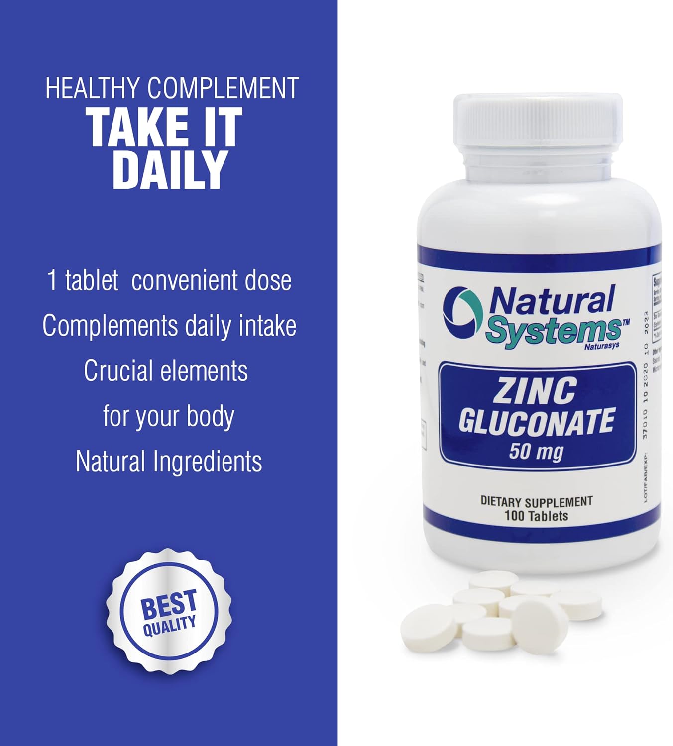 Naturasys Zinc Gluconate 50mg: Immune System Support, Bone & Muscle Strength, Elemental Minerals - Nutrition Supplement