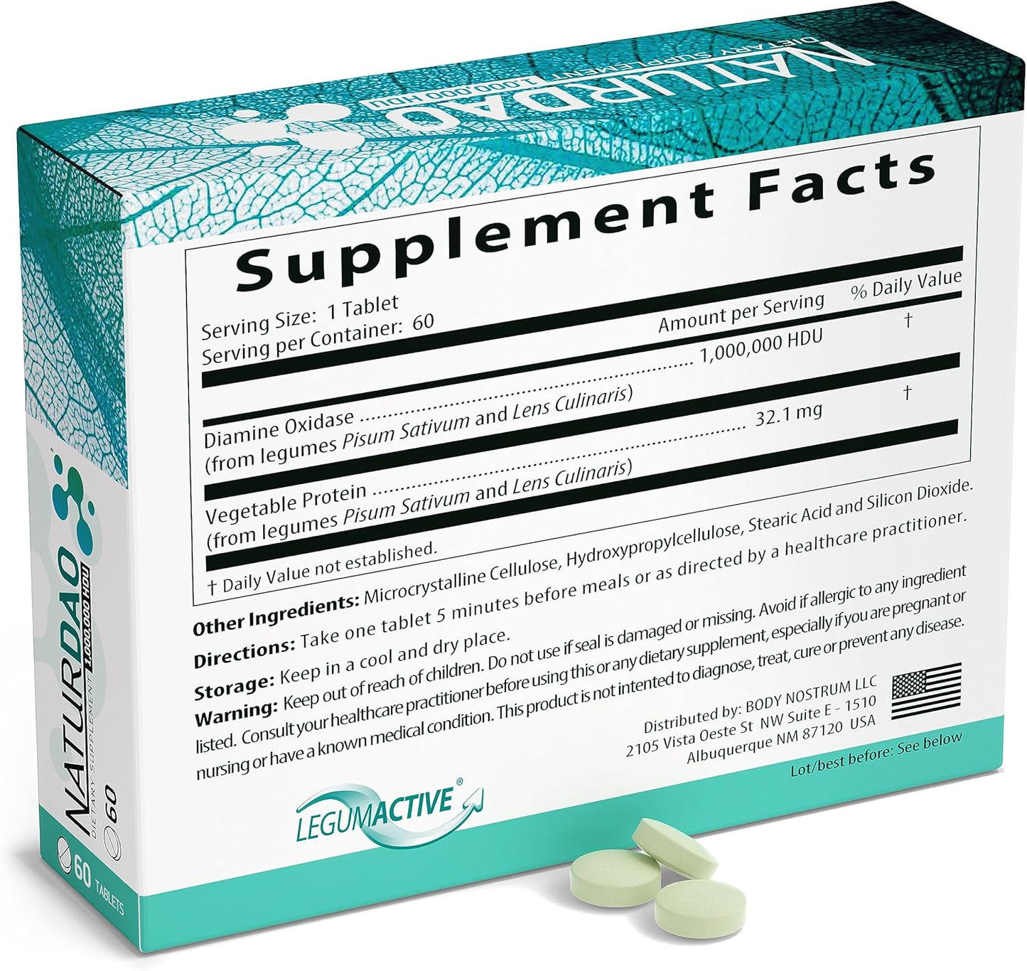 NaturDao LegumActive Enzyme Supplement - 1,000,000 HDU - DAO Histamine Block - Diamine Oxidase - Food Intolerance - 60 Tablets