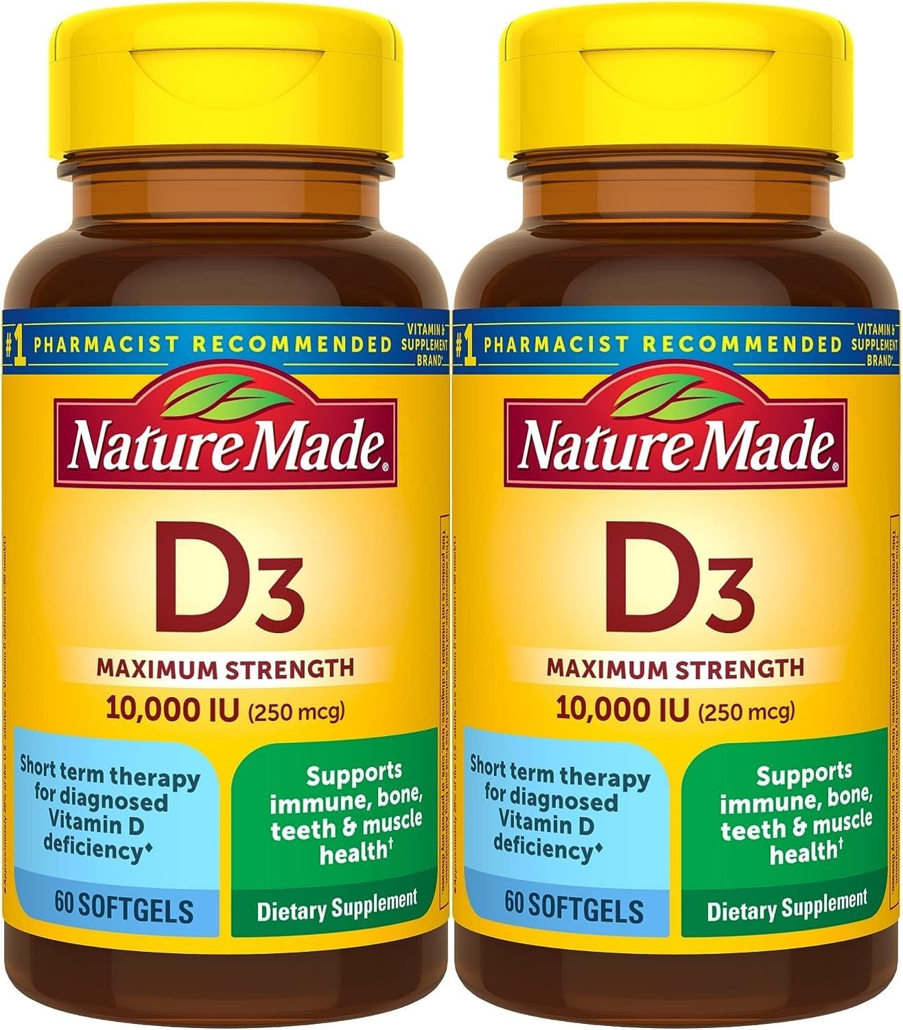 Nature Made High Potency Vitamin D3 10000 IU Softgels, Bone, Teeth, Muscle & Immune Health Support, 120 Softgels - 2 Pack