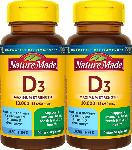 Nature Made High Potency Vitamin D3 10000 IU Softgels, Bone, Teeth, Muscle & Immune Health Support, 120 Softgels - 2 Pack
