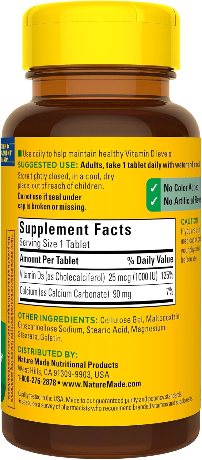 Nature Made Vitamin D3 1000 IU (25 mcg) Supplement for Bone, Teeth, Muscle & Immune Health - 300 Tablets, 100 Days Supply (3 Pack)