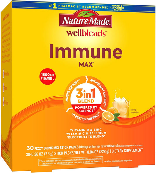 Nature Made Wellblends ImmuneMAX Fizzy Drink Mix with Vitamin C, Zinc, Vitamin D3, B Vitamins, and Electrolytes for Immune Support, 30 Stick Packs