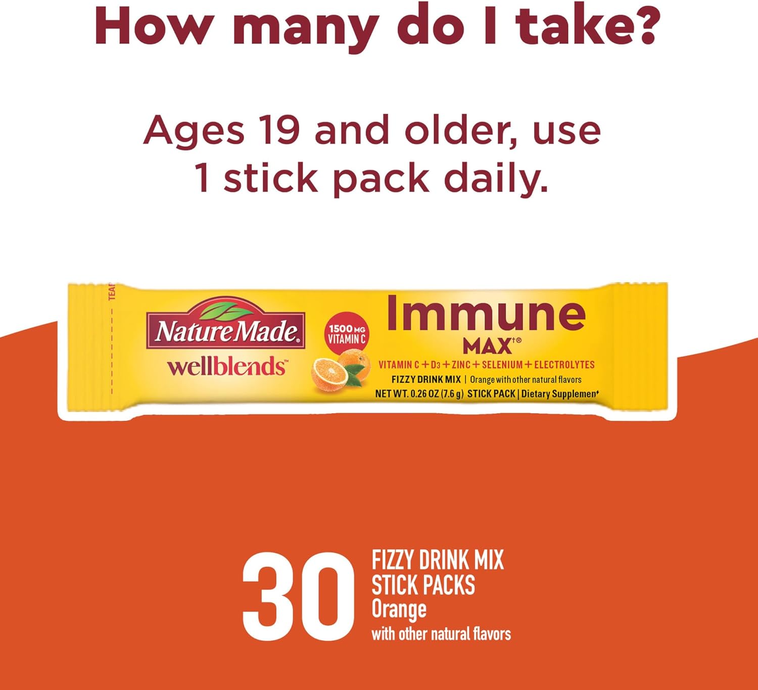 Nature Made Wellblends ImmuneMAX Fizzy Drink Mix with Vitamin C, Zinc, Vitamin D3, B Vitamins, and Electrolytes for Immune Support, 30 Stick Packs