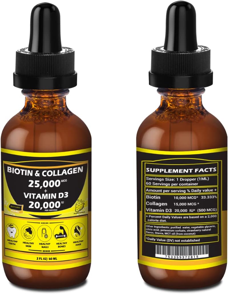 Nature Manu-Premium 25,000mcg Liquid Biotin & Collagen with 20,000iu Vitamin D3 for Healthy Skin, Strong Nails, and Hair Growth. Strawberry Flavor - 2 FL OZ/60 ML