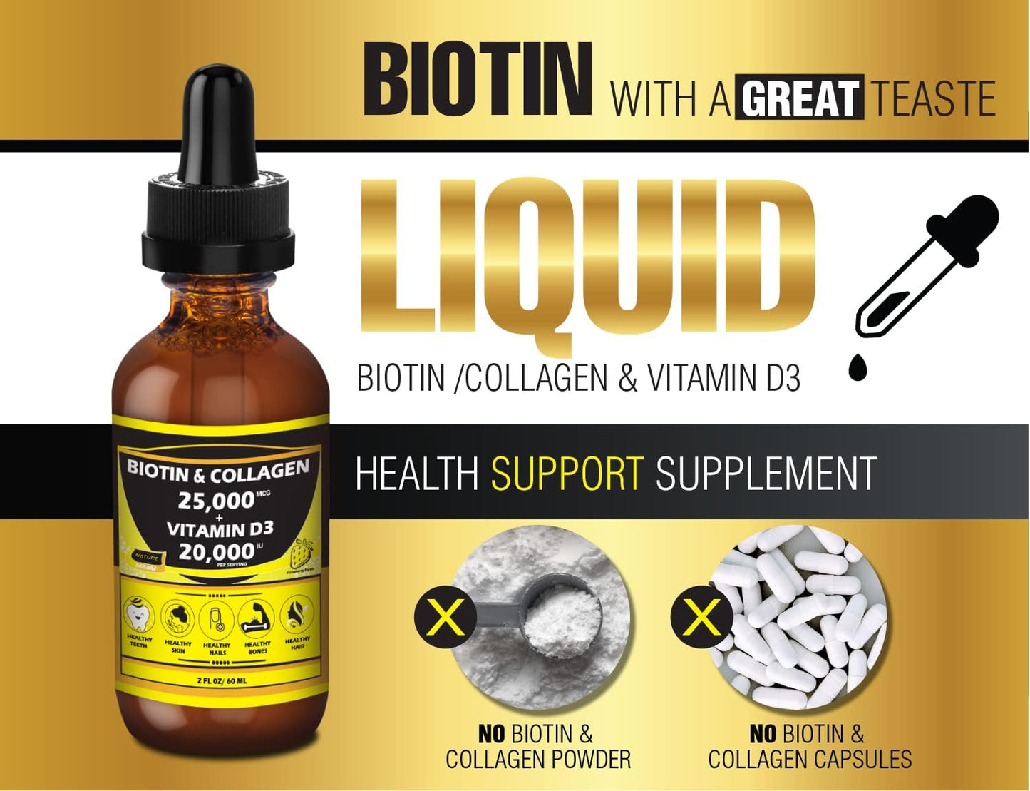 Nature Manu-Premium 25,000mcg Liquid Biotin & Collagen with 20,000iu Vitamin D3 for Healthy Skin, Strong Nails, and Hair Growth. Strawberry Flavor - 2 FL OZ/60 ML